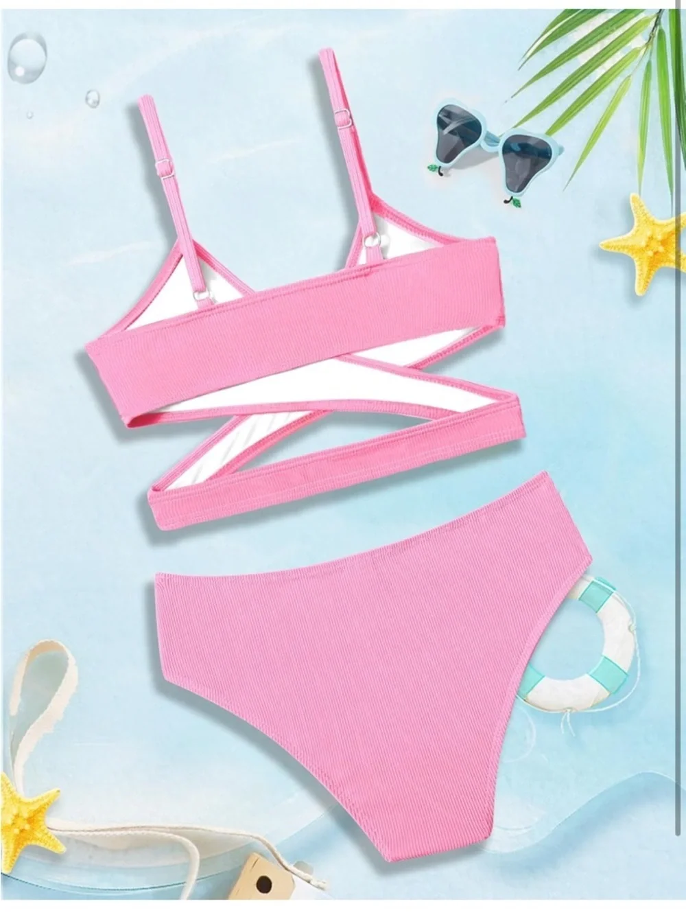 Girls Swimsuits Two Piece Solid Color Teens V-Neck Criss Cross 15-16Y 953/b1-1